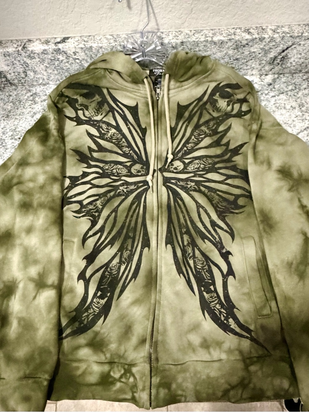 Olive Green Tie-Dye Zip Hoodie with Black Wing Graphic